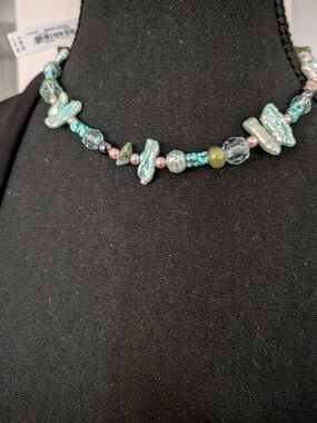 Monet Aqua and Pink Pearl Bead Choker Necklace